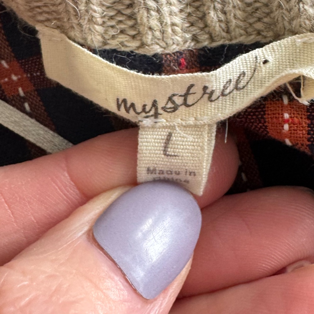 Mystree Cable Knit Sweater Flannel Plaid Back Beige Rust Large - Picture 7 of 10